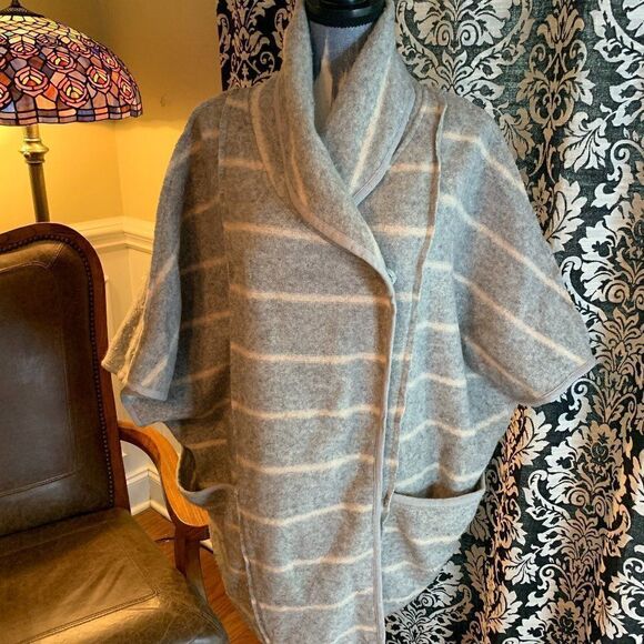 Free People Wool gray and cream strip poncho cape jacket - Picture 1 of 12